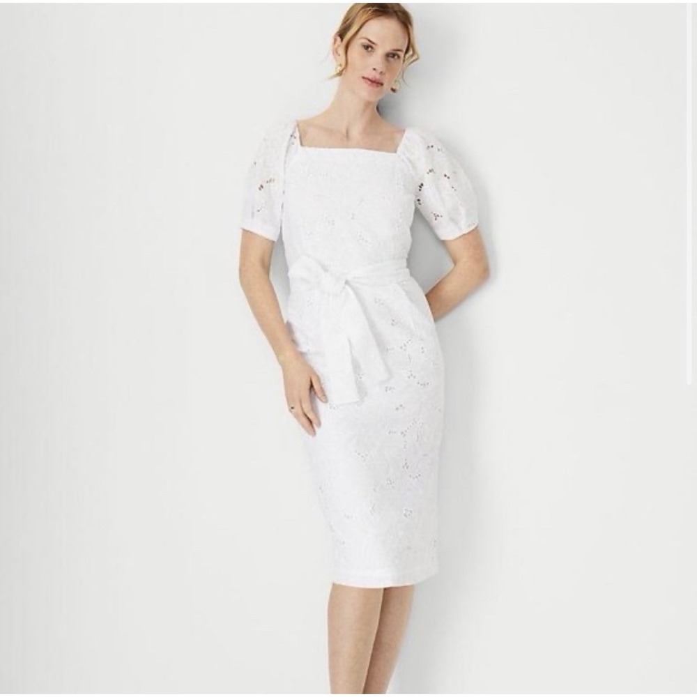 Ann Taylor Petite White Eyelet Tie Waist Midi Dress Size 4P MSRP $170